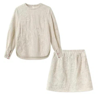 Jiaying Wang Wjy Studio London White Textured Embroidered Cream Co Set Blouse Skirt