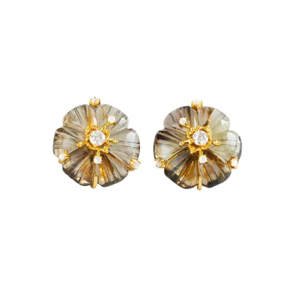 Jiaying Wang Wjy Studio London Women's Brown Dewdrop Bloom Floria Diamond Engraved Smoke Crystal Earring Mother Of Pearl