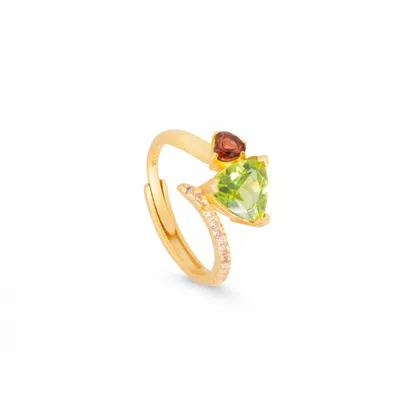 Jiaying Wang Wjy Studio London Women's Gold / Green / Red Peridot Garnet Heart Adjustable Gold Ring In Multi