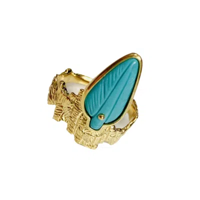 Jiaying Wang Wjy Studio London Women's Green W.j.y. Handmade Engraving Gemstones Leaf Gold Ring