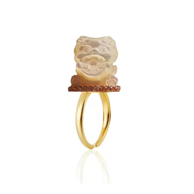 Jiaying Wang Wjy Studio London Women's White Lucky Money Cat Handmade Engraved Opal Gemstones Ring