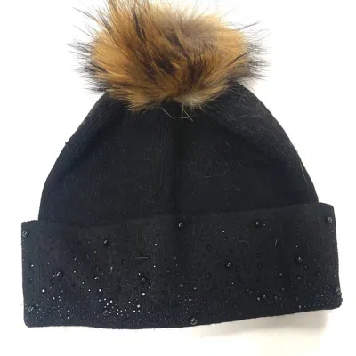 Jijou Capri Women's Gorgeous Embellished Crystal And Beaded Real Fur Pom Hat In Black