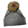 Jijou Capri Women's Gorgeous Embellished Crystal And Beaded Real Fur Pom Hat In Grey In Gray