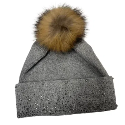 Jijou Capri Women's Gorgeous Embellished Crystal And Beaded Real Fur Pom Hat In Grey In Gray