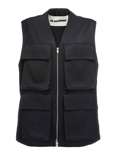 Jil Sander '14' High Collar Sleeveless Vest With Multiple Pockets In 黑色的