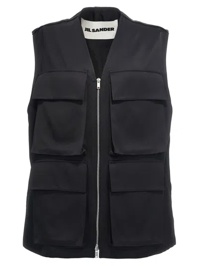 Jil Sander '14' High Collar Sleeveless Vest With Multiple Pockets In 黑色的