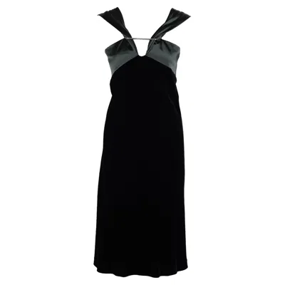 Pre-owned Jil Sander 1990s  Black Velvet Dress With Lustrous Dark Forest Green Satin Detail