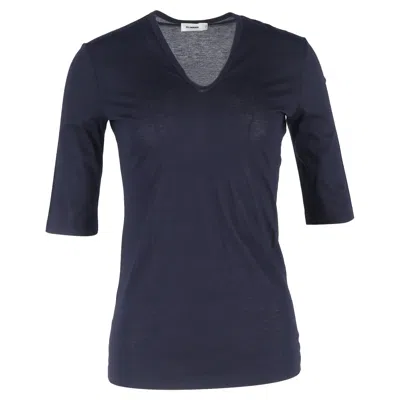 Jil Sander 3/4 Sleeve V-neck T-shirt In Navy Blue Cotton