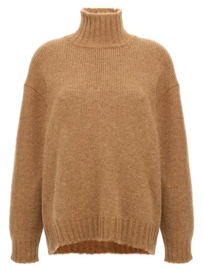 Jil Sander Alpaca Blend Turtleneck Sweater With High Neck And Long Cuffed Sleeves In Brown