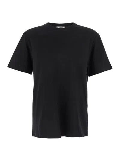 JIL SANDER BLACK CREWNECK T-SHIRT WITH LOGO PATCH ON THE REAR IN COTTON MAN