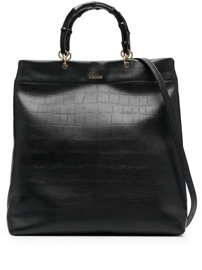 Jil Sander Bamboo-handle Embossed Tote Bag In Schwarz