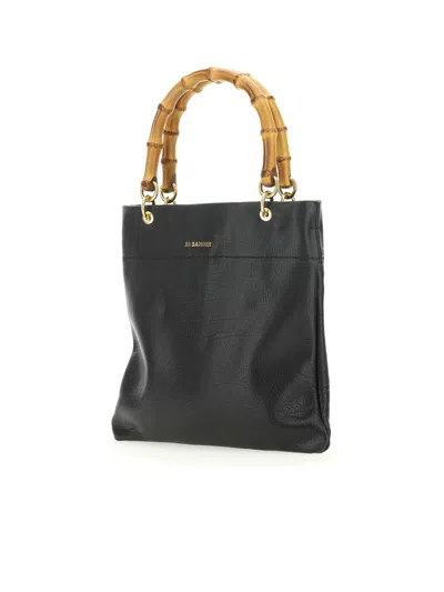 Jil Sander Small Black Tote Bag With Bamboo Handles In Leather Woman