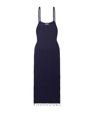 Jil Sander Bead-embellished Ribbed-knit Maxi Dress In Blue