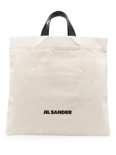 JIL SANDER BEIGE BOOK SQUARE CANVAS TOTE BAG