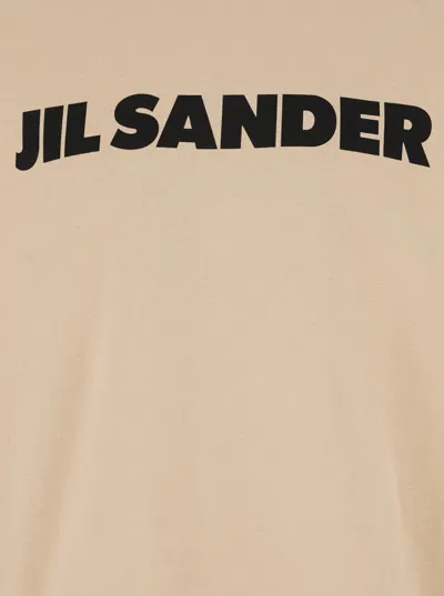JIL SANDER BEIGE CREWNECK T-SHIRT WITH MAXI LOGO LETTERING ON THE FRONT IN COTTON MAN