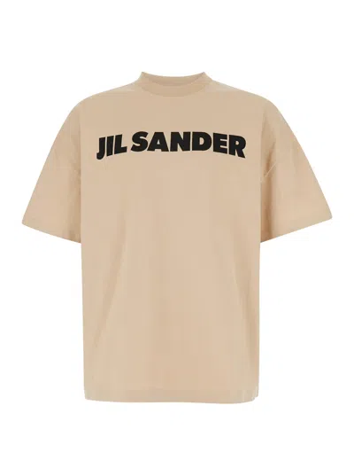 Jil Sander Beige Crewneck T-shirt With Maxi Logo Lettering On The Front In Cotton Man In Cream