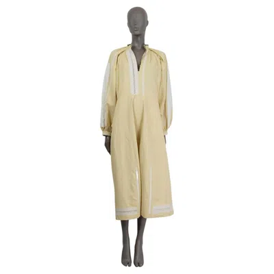 Pre-owned Jil Sander Beige Crochet Trim Embroidered Linen Canvas Midi Dress 36 S In Brown