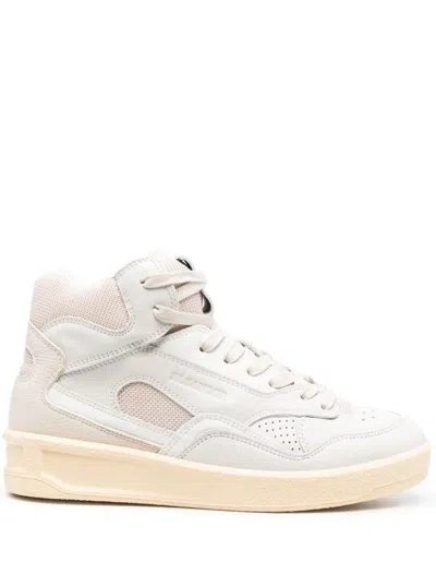 JIL SANDER BEIGE HIGH-TOP SNEAKERS WITH LEATHER INSERTS AND EMBOSSED LOGO