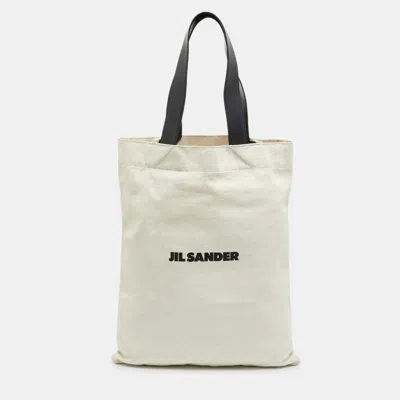Jil Sander Beige/black Canvas And Leather Book Tote In Sand