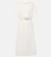 JIL SANDER BELTED LEATHER-TRIMMED COTTON MIDI DRESS