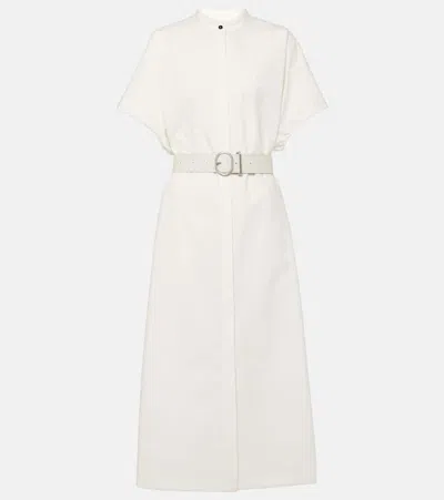 JIL SANDER BELTED LEATHER-TRIMMED COTTON MIDI DRESS