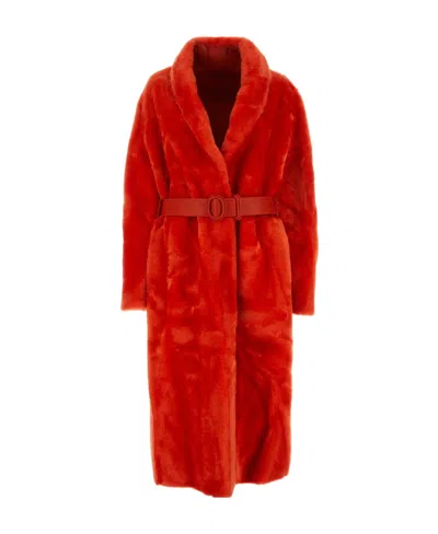 Jil Sander Waist Belt Shearling Coat In Red