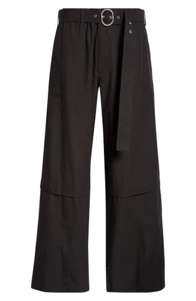 Jil Sander Belted Wide Leg Cotton Trousers In 001-black