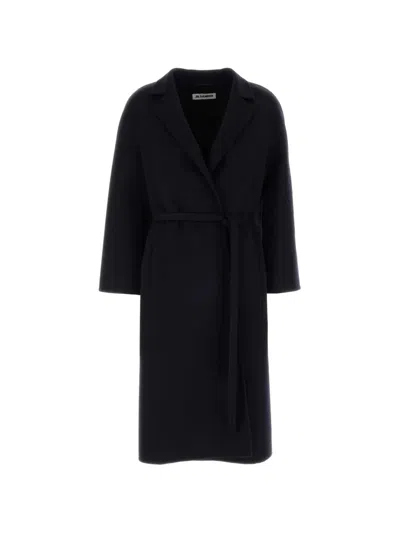 Jil Sander Wool Coat Belted Waist Long Wide Sleeves In Black