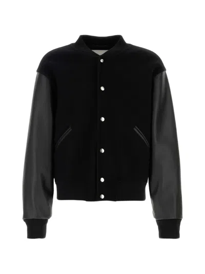 Jil Sander Wool Bomber Jacket Leather Sleeves Detail In Black