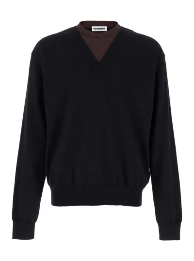 Jil Sander Black And Brown Double-neck Sweater In Wool Man