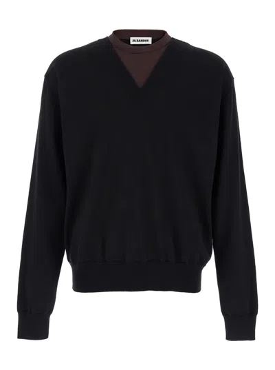JIL SANDER BLACK AND BROWN DOUBLE-NECK SWEATER IN WOOL MAN