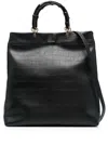 Jil Sander Embossed Leather Tote With Bamboo Handles In Black