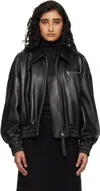 Jil Sander Leather Bomber Jacket Collared Pockets Elasticated Hem In Black