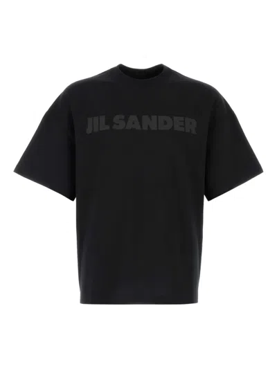 Jil Sander Blue Crewneck T-shirt With Logo Lettering On The Front In Cotton Man In Black