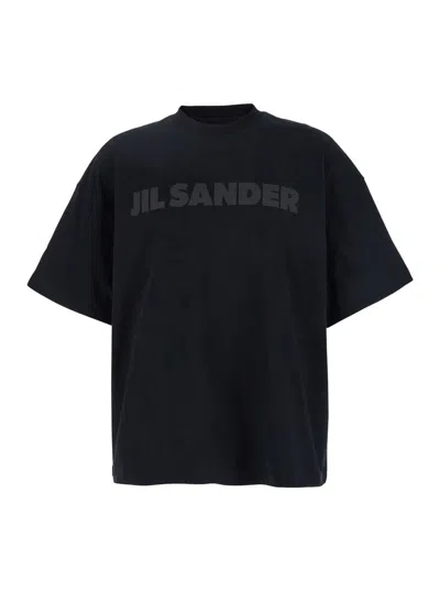 Jil Sander Black Crewneck T-shirt With Front Logo Print In Cotton Man