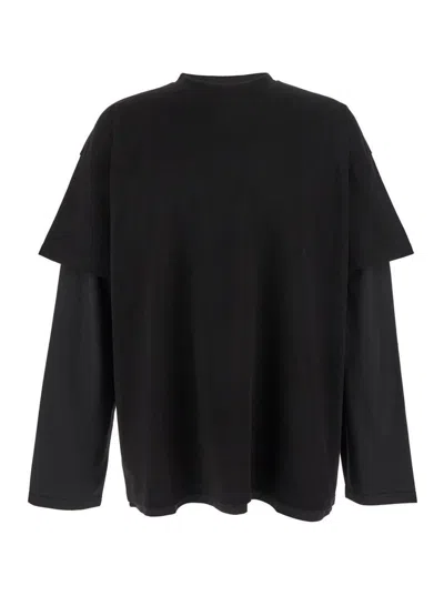 Jil Sander Black Crewneck T-shirt With Logo Lettering On The Rear And Layered Design In Cotton Man