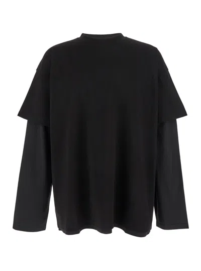 JIL SANDER BLACK CREWNECK T-SHIRT WITH LOGO LETTERING ON THE REAR AND LAYERED DESIGN IN COTTON MAN