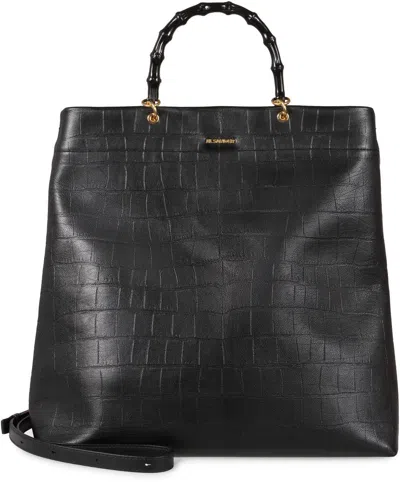 Jil Sander Black Croco Embossed Tote Bag With Bamboo Handles In Leather Woman