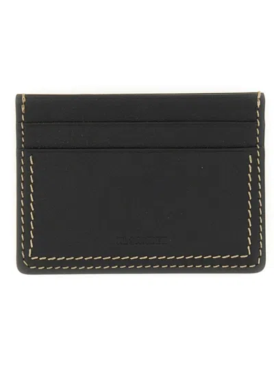 JIL SANDER BLACK LEATHER CARD HOLDER WITH CONTRASTING STITCHING