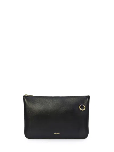 Jil Sander Black Leather Crossbody Handbag With Embossed Logo And White Shoulder Strap