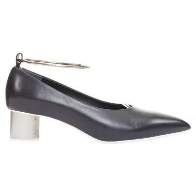 Pre-owned Jil Sander Black Leather Matte Silver Cylinder Heel Anklet Ring Pumps Eu37