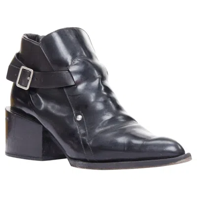 Pre-owned Jil Sander Black Leather Silver Buckle Block Heel Ankle Boots Eu38
