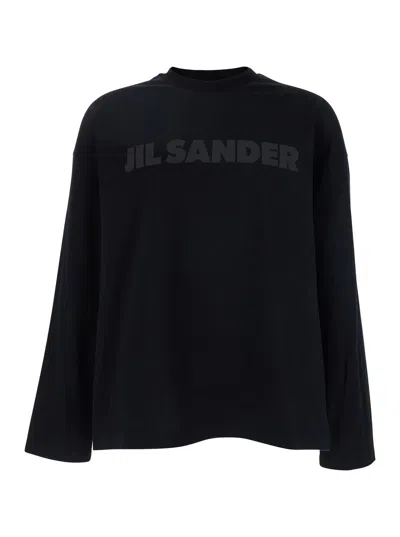 Jil Sander Black Long Sleeve T-shirt With Front Logo Print In Cotton Man In Multicolor