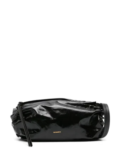 Jil Sander Black Patent Leather Shoulder Handbag With Ruched Detailing