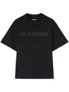 Jil Sander Round Neck Black Cotton T-shirt With Tonal Logo Print In Black