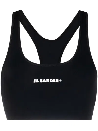 JIL SANDER BLACK SPORTY TOP WITH FRONT LOGO PRINT