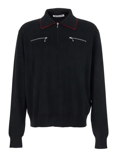 JIL SANDER BLACK SWEATER WITH CLASSIC COLLAR AND FRONT ZIP POCKETS IN WOOL MAN