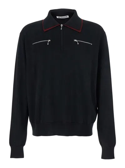 JIL SANDER BLACK SWEATER WITH CLASSIC COLLAR AND FRONT ZIP POCKETS IN WOOL MAN