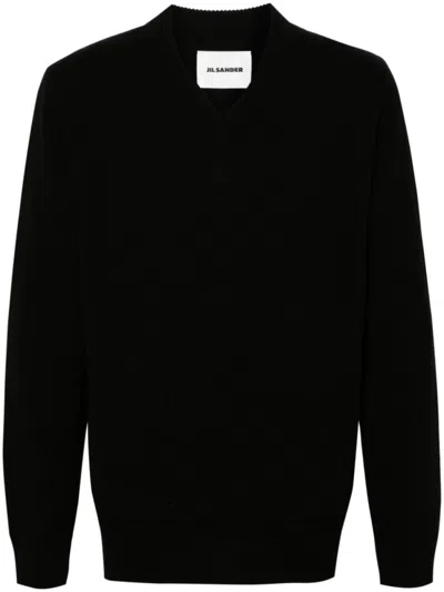 JIL SANDER BLACK VIRGIN WOOL BLEND KNITTED SWEATER