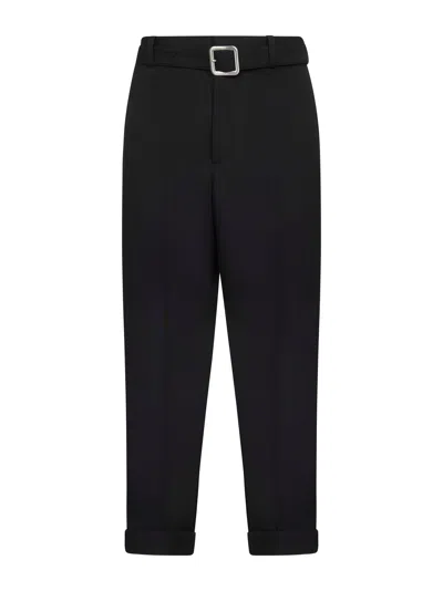 JIL SANDER BLACK WOOL GABARDINE BELTED TROUSERS